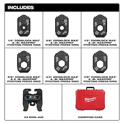 The ZoomLock MAX® & MaxiPro® Pivoting Press Ring Kit for M12™ FORCE LOGIC™ Press Tool includes seven press rings (1/4”, 3/8”, 1/2”, 5/8”, 3/4”, 7/8”), a ring jaw, and a red carrying case.