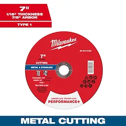 7" x 1/16" x 7/8" Performance+ Metal Cut Off Wheel - Type 1, red circular disc with text detailing specifications and usage for metal cutting.