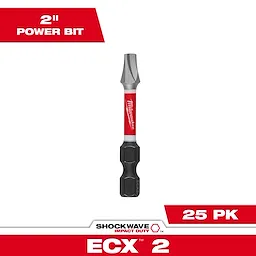 The image displays SHOCKWAVE™ 2" Impact Duty ECX™ 2 Power Bits (25 PK) by Milwaukee. It features one 2-inch power bit with a black and red design. Text in the top left reads "2" Power Bit" and the package size "25 PK" in the bottom right corner.