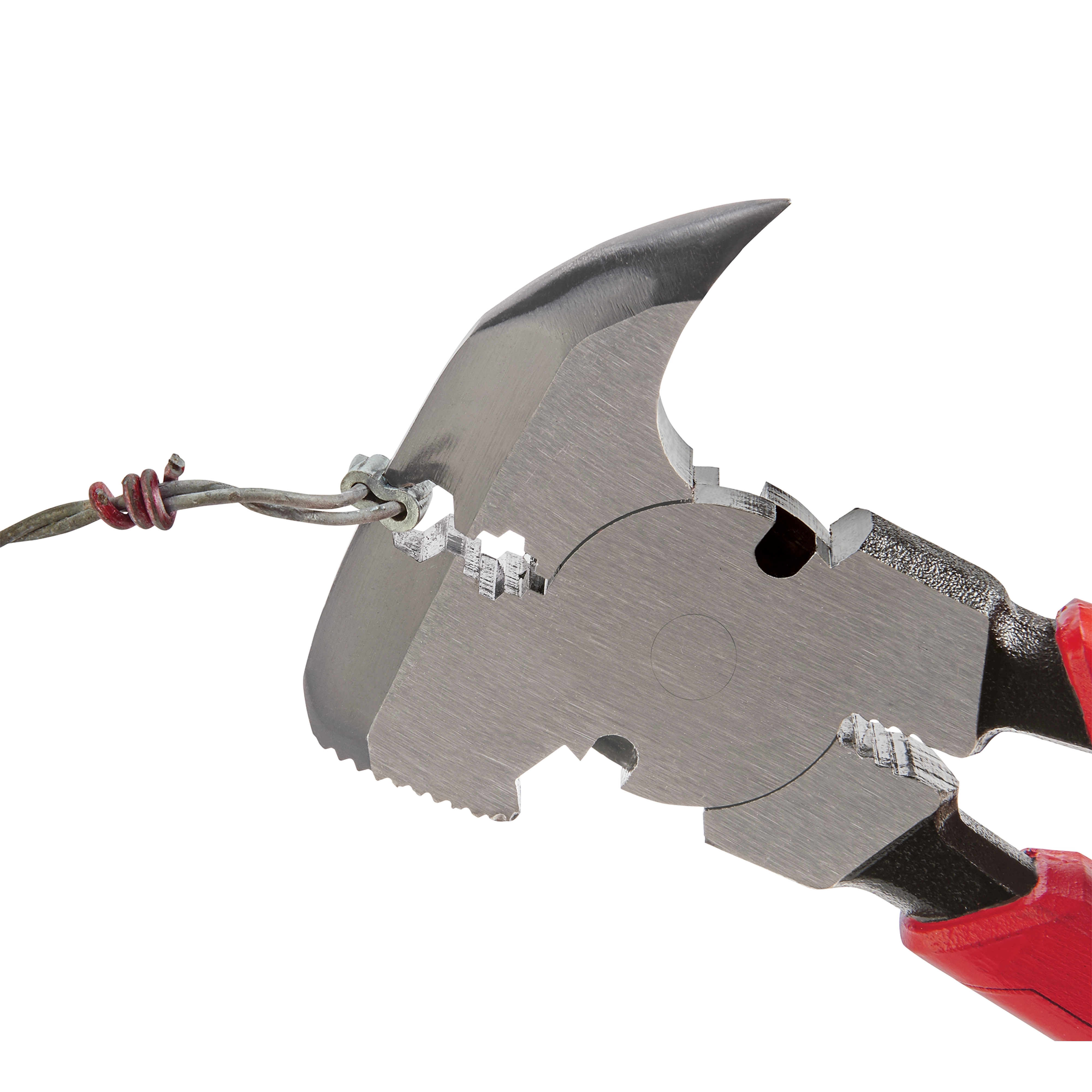 Comfort Grip Fencing Pliers are shown cutting and twisting a piece of barbed wire. The pliers feature a sharp, multi-functional head with a built-in grip area, and red handles for a comfortable hold.