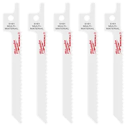 Five 3-5/8" 10 TPI SAWZALL® blades for metal scroll, labeled as multi-material blades, are neatly arranged vertically. Each white blade features red branding and a hole near the top for attachment. The pack contains five blades designed for cutting metal.