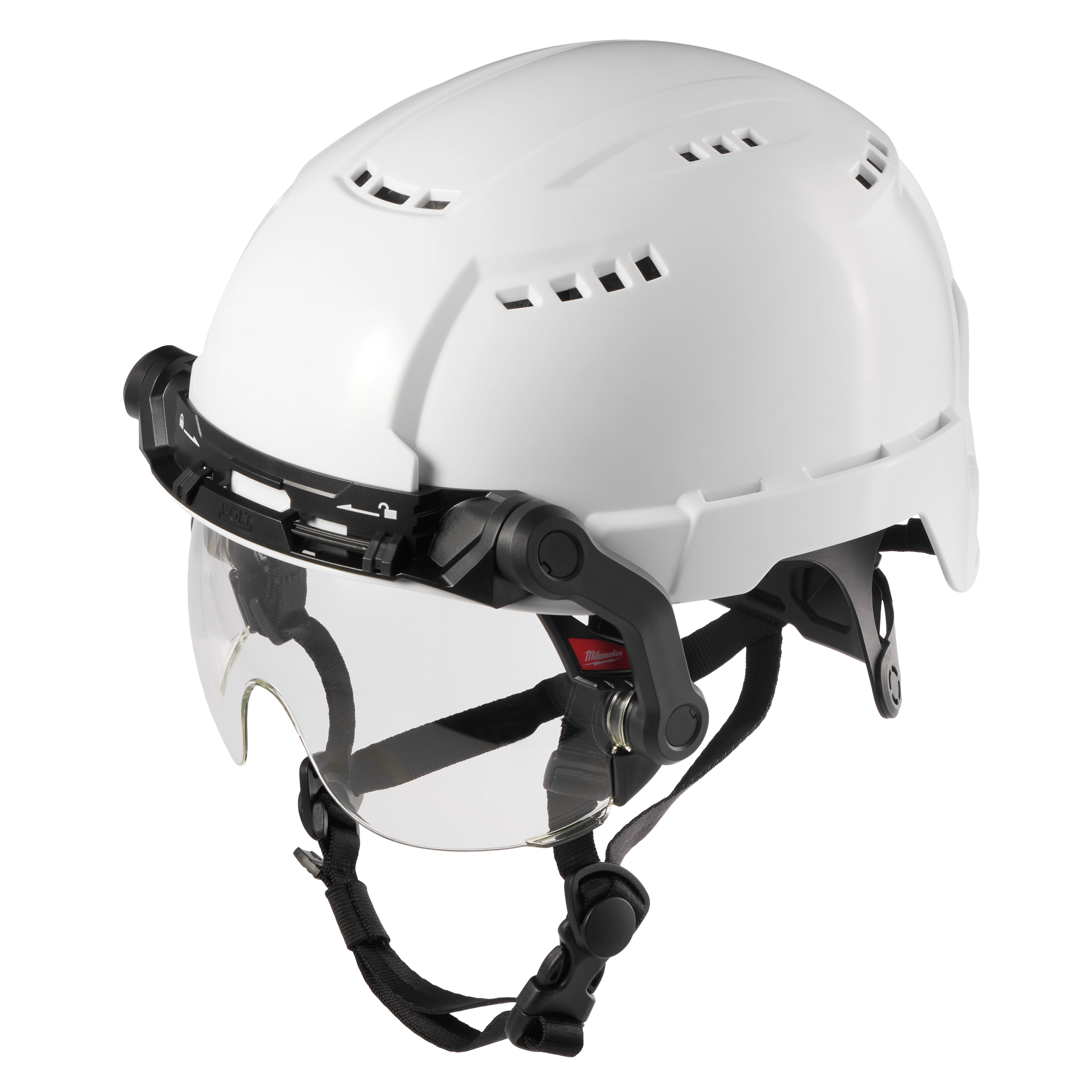 BOLT Eye Visor Clear Dual Coat Lens attached to a Milwaukee Safety Helmet