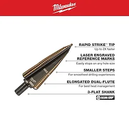 The 7/8 in. - 1-1/8 in. #9 Cobalt Step Drill Bit (2-Steps) features a Rapid Strike™ tip for faster drilling, laser engraved reference marks for precision, smaller steps for smooth drilling, elongated dual-flutes for optimal heat management, and a 3-flat shank for secure grip.