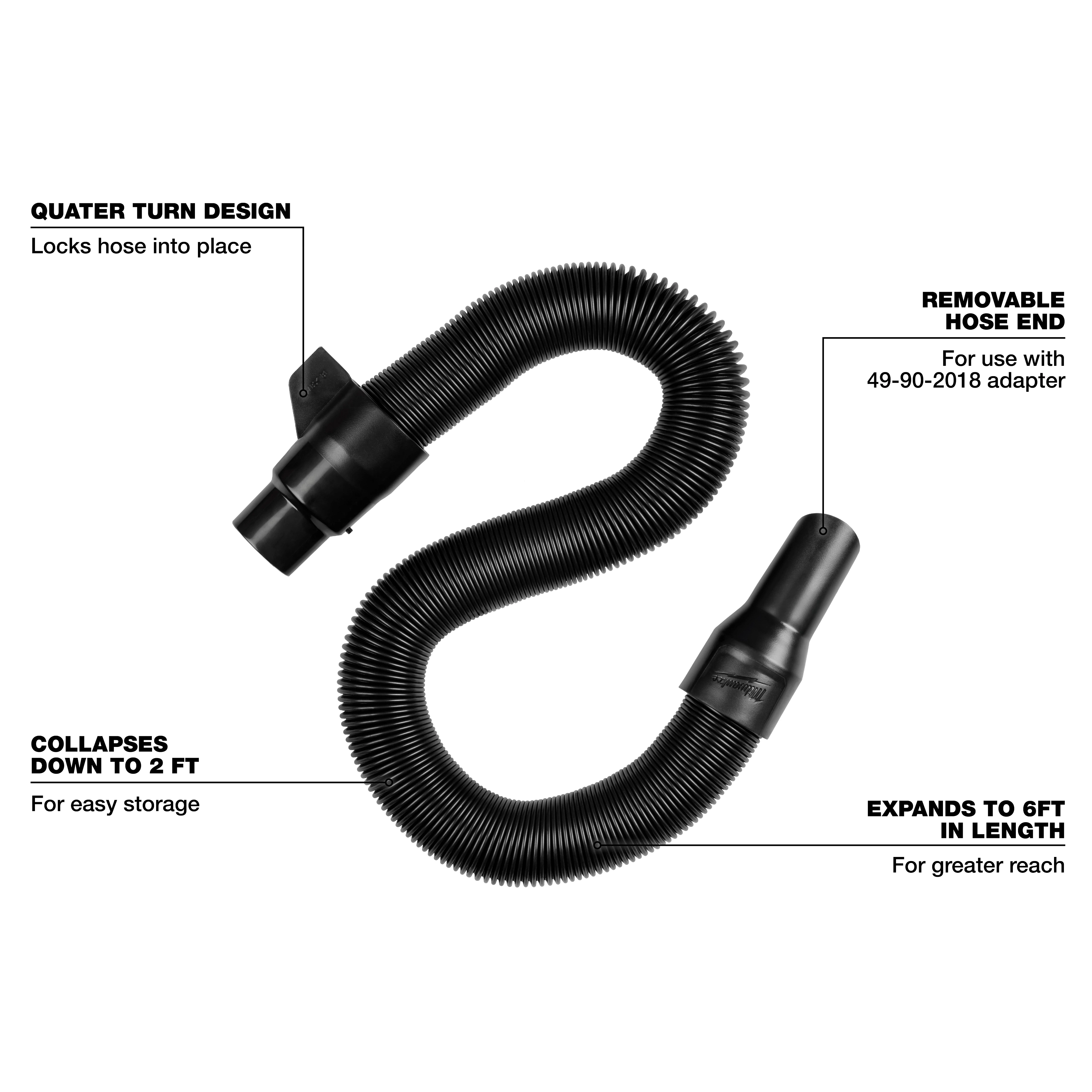 1-1/4” x 2’ to 6’ Expandable Hose with removable hose end, collapses to 2 feet for storage, and features a quarter turn design.