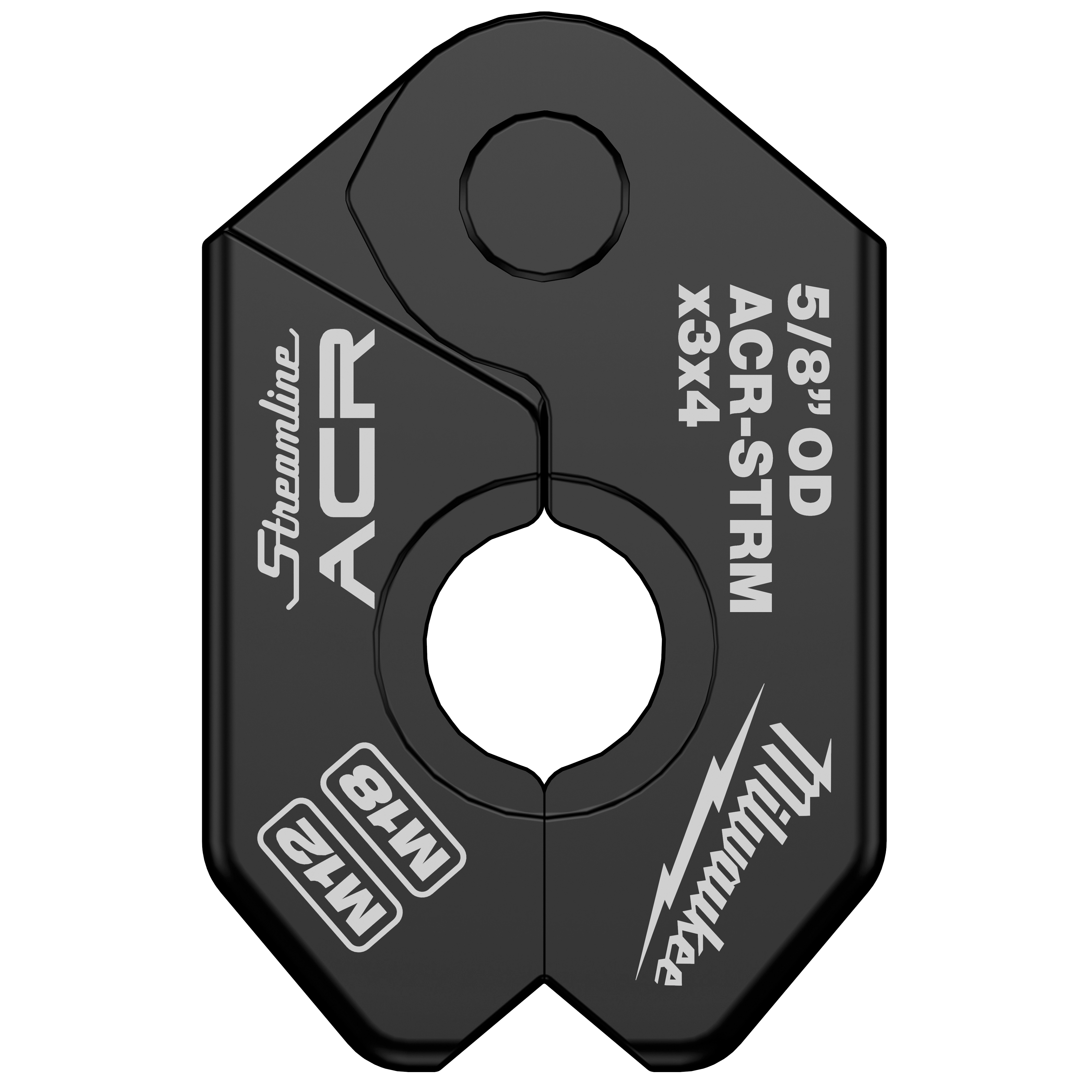 The 5/8" Streamline® ACR Pivoting Press Ring is a black metal tool part displayed vertically. Markings include "5/8" OD," "ACR-STRM x3x4," "Streamline ACR," and the brand name Milwaukee alongside a lightning bolt graphic.