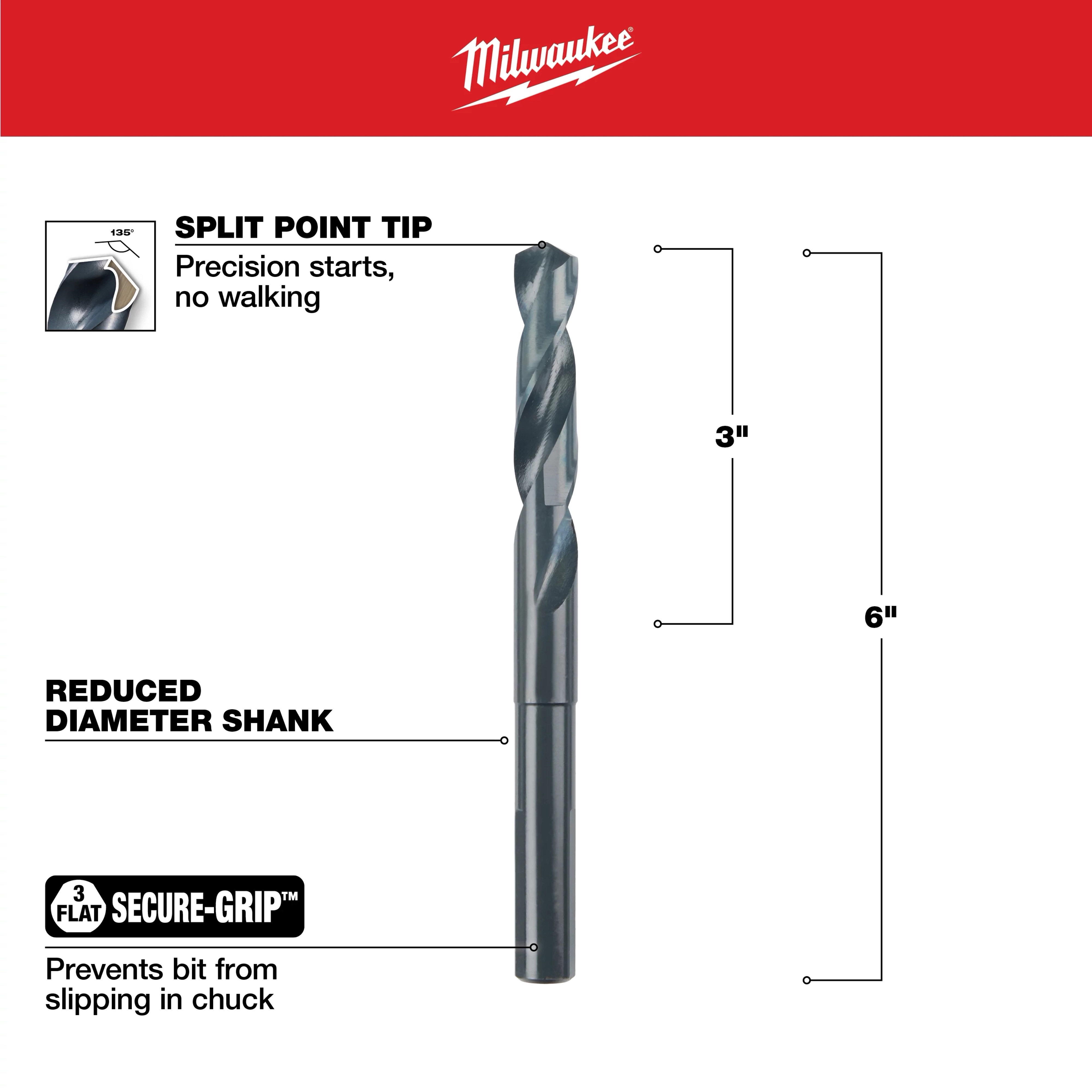 The 17/32" S&D Black Oxide Drill Bit has a split point tip for precision starts and a reduced diameter shank for optimal grip. It is 6 inches long, with a 3-inch flute portion. The secure-grip feature prevents slipping in the chuck.