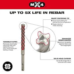 SDS PLUS MX4 Walkaround drill bit with features including sharp centering tip, enhanced rebar guards, variable flutes, and solid head carbide.