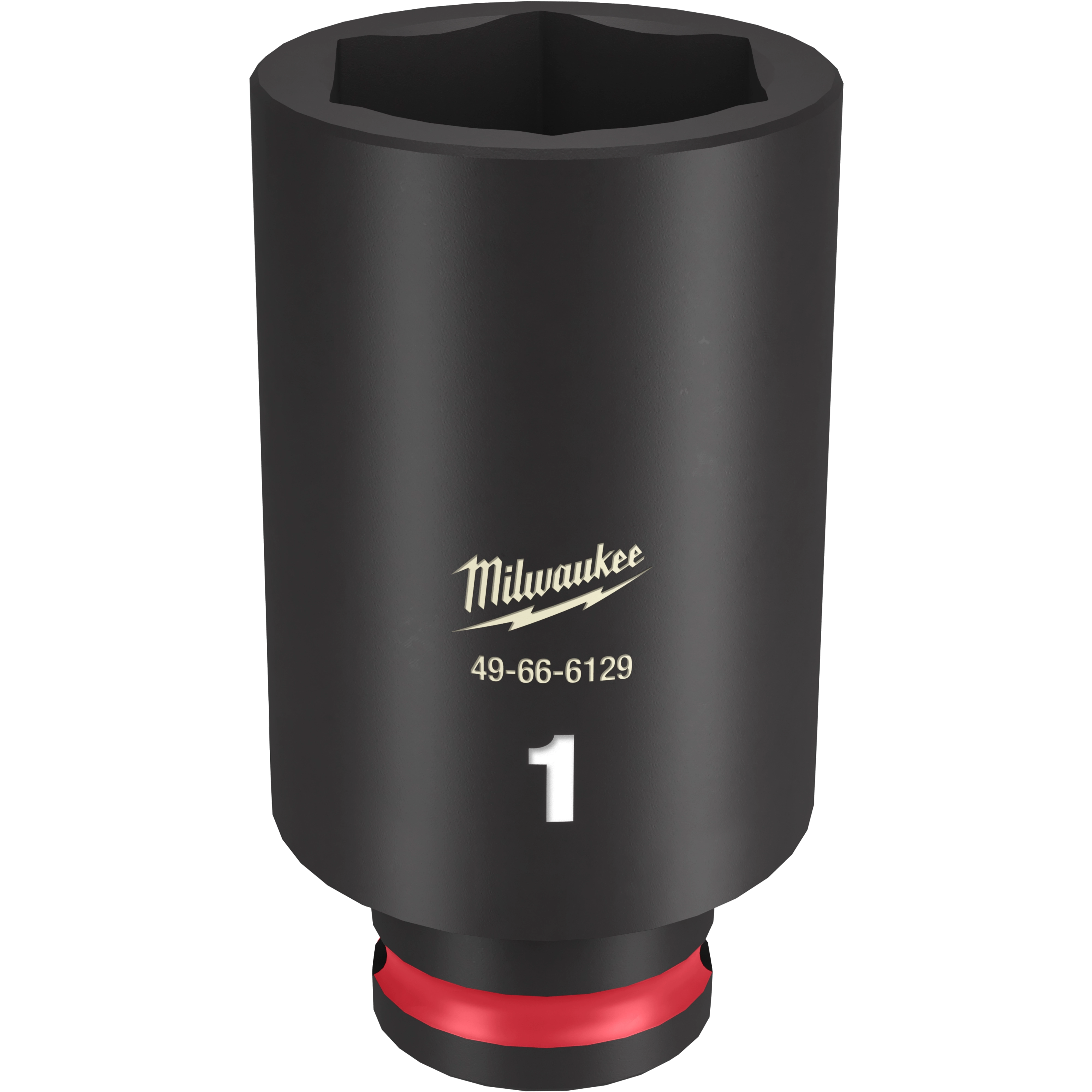 The 3/8 DR 1 DEEP IMPACT SOCKET is a black socket tool with the brand name and product number 49-66-6129 etched on its side. It features a red ring at the base and is designed for impact tools and heavy-duty use.