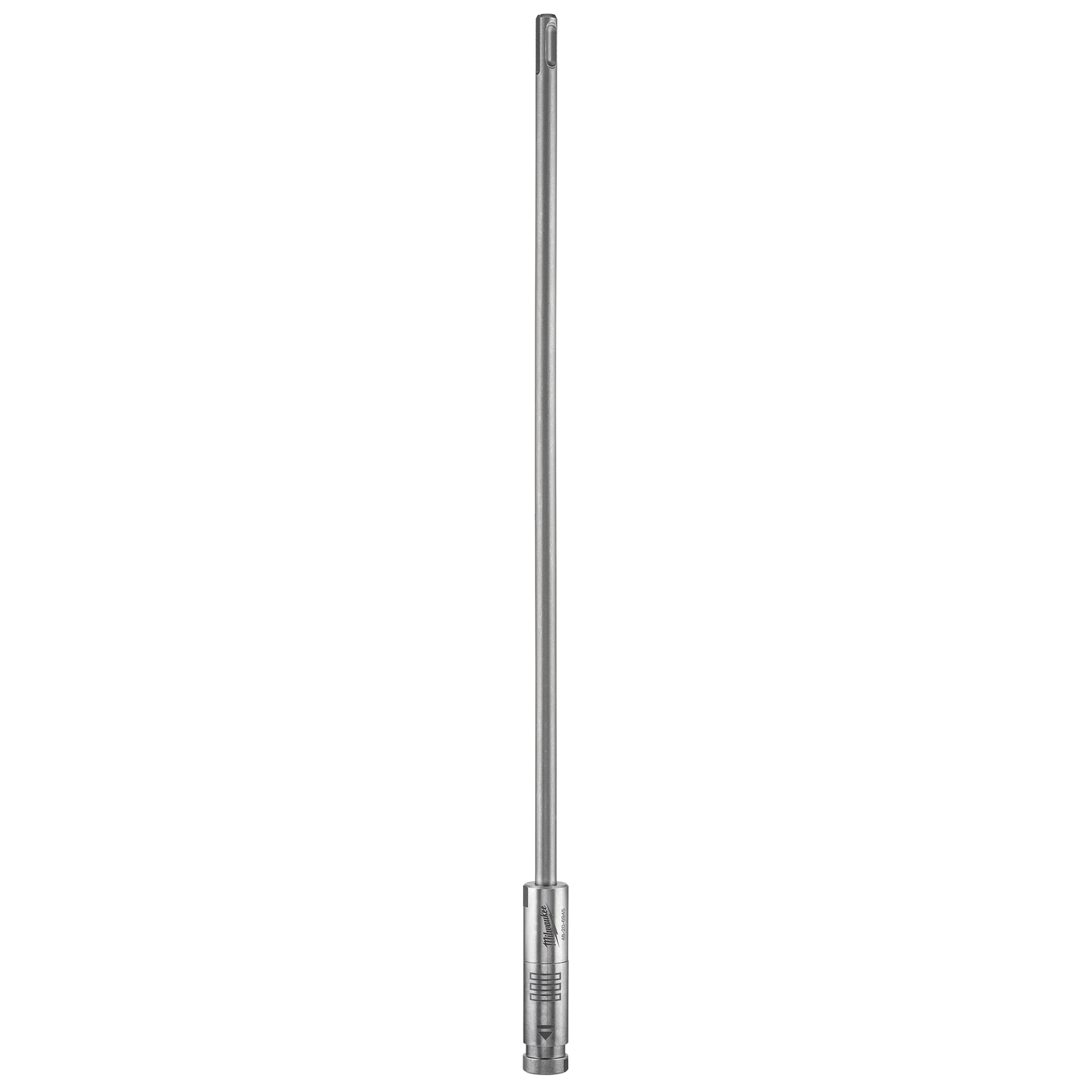 SDS PLUS 18” EXTENSION is a long, narrow, cylindrical steel tool attachment designed for drilling. The extension has a smooth shaft and a connection end.
