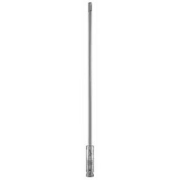 SDS PLUS 18” EXTENSION is a long, narrow, cylindrical steel tool attachment designed for drilling. The extension has a smooth shaft and a connection end.