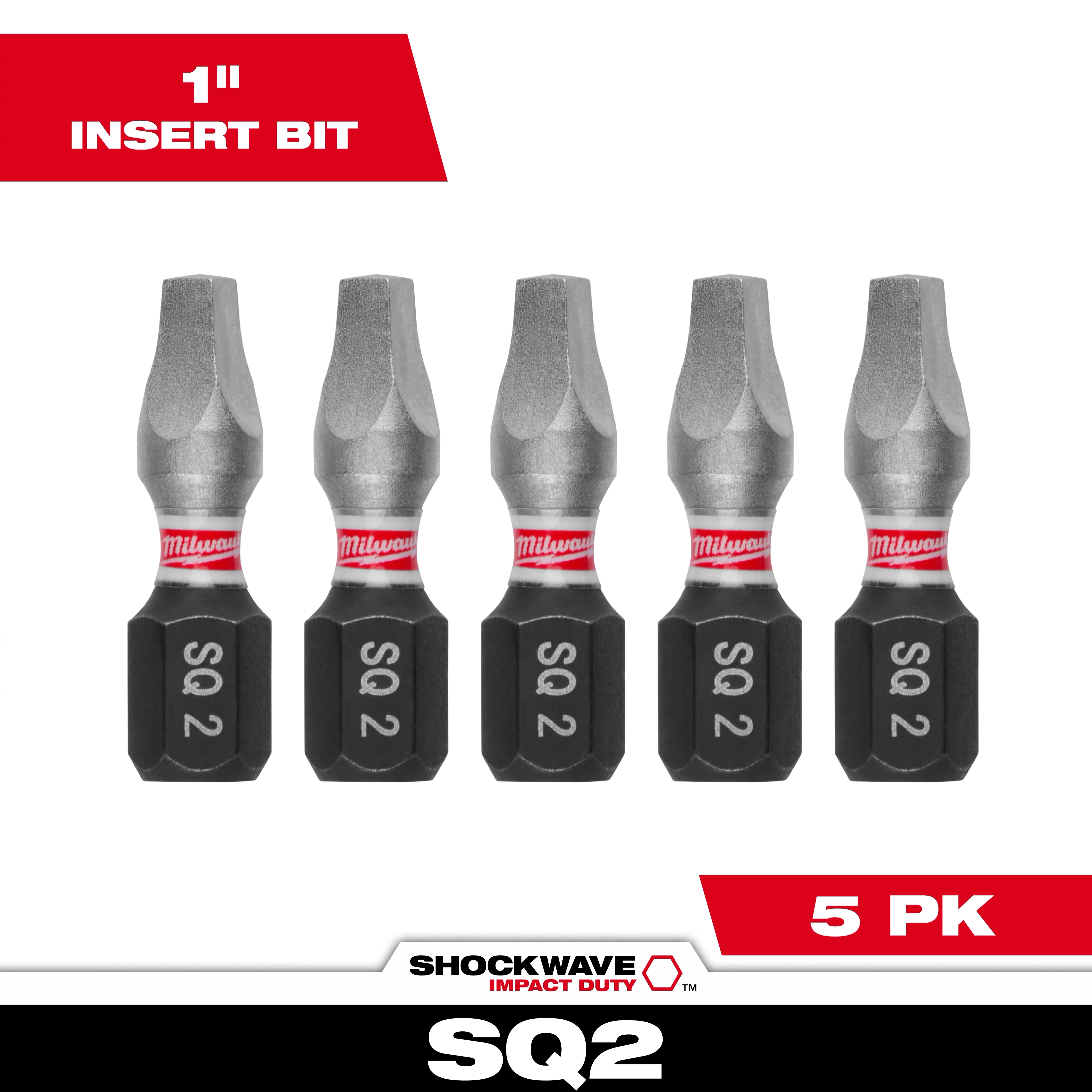 The image shows five SHOCKWAVE™ 1" Impact Duty Square Recess #2 Insert Bits arranged side by side. Each bit is labeled "Milwaukee" with "SQ 2" on a black base. The packaging indicates it is a 5 pack (5 PK).