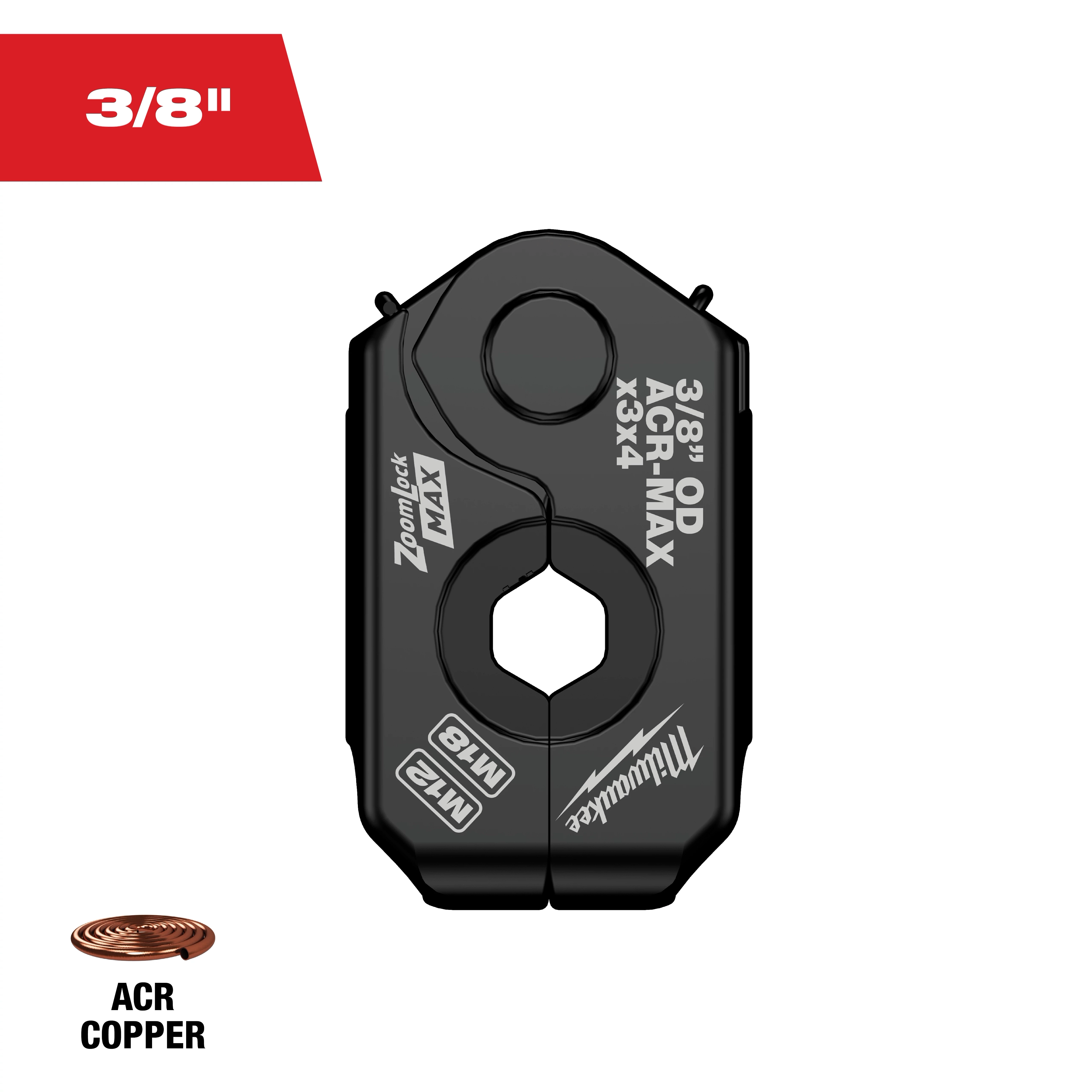 The image features the 3/8" ZoomLock MAX® & >B< MaxiPro® Pivoting Press Ring. The black ring, suitable for 3/8-inch ACR copper pipes, includes labeling details and a prominent logo. A copper pipe icon appears at the bottom with the text "ACR COPPER."