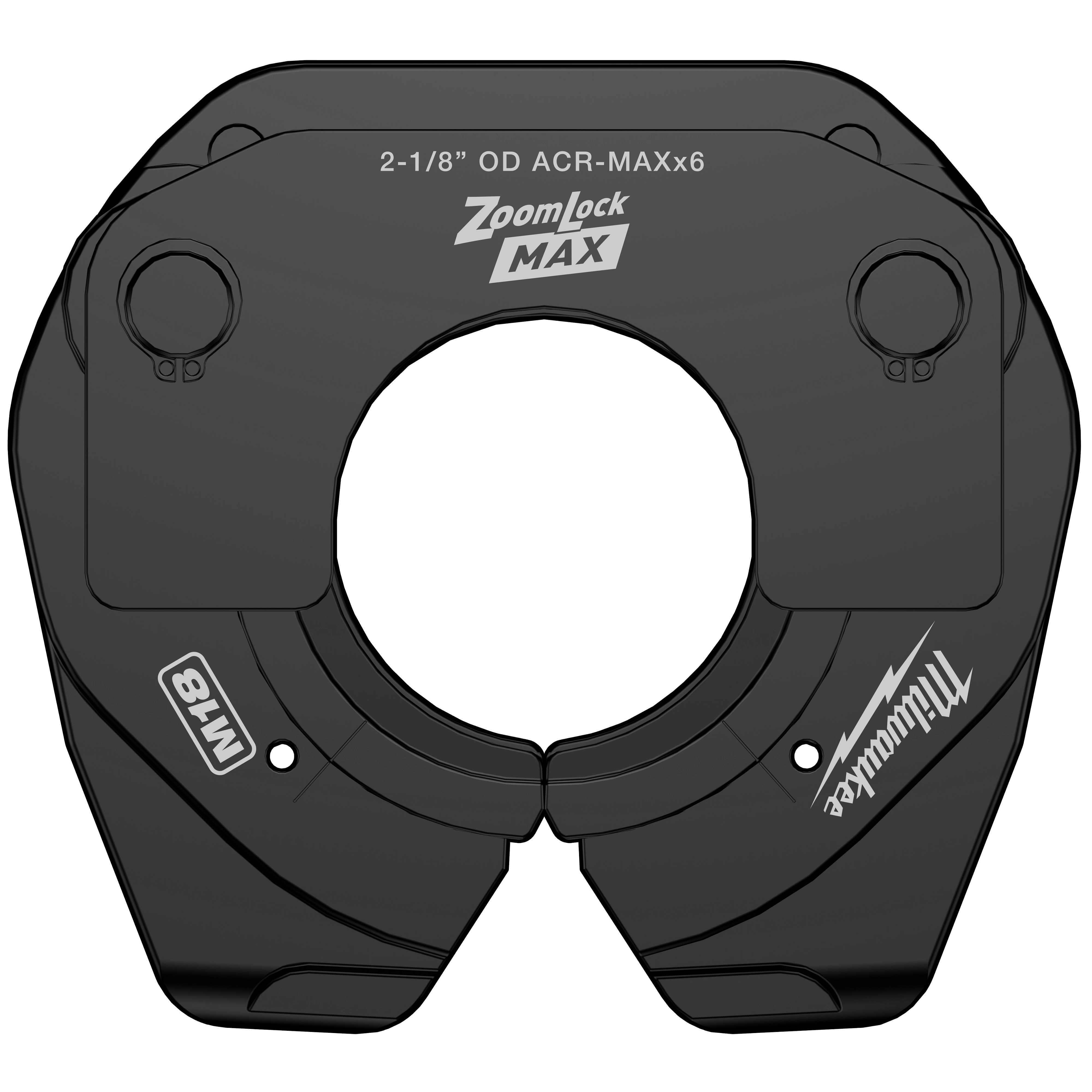 The Milwaukee-branded 2-1/8" ZoomLock MAX® & MaxiPro® Pivoting Press Ring is designed for making quick and secure ACR copper tube connections. It features a black, semi-circular design with visible branding and specifications on the surface.