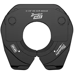 The Milwaukee-branded 2-1/8" ZoomLock MAX® & MaxiPro® Pivoting Press Ring is designed for making quick and secure ACR copper tube connections. It features a black, semi-circular design with visible branding and specifications on the surface.
