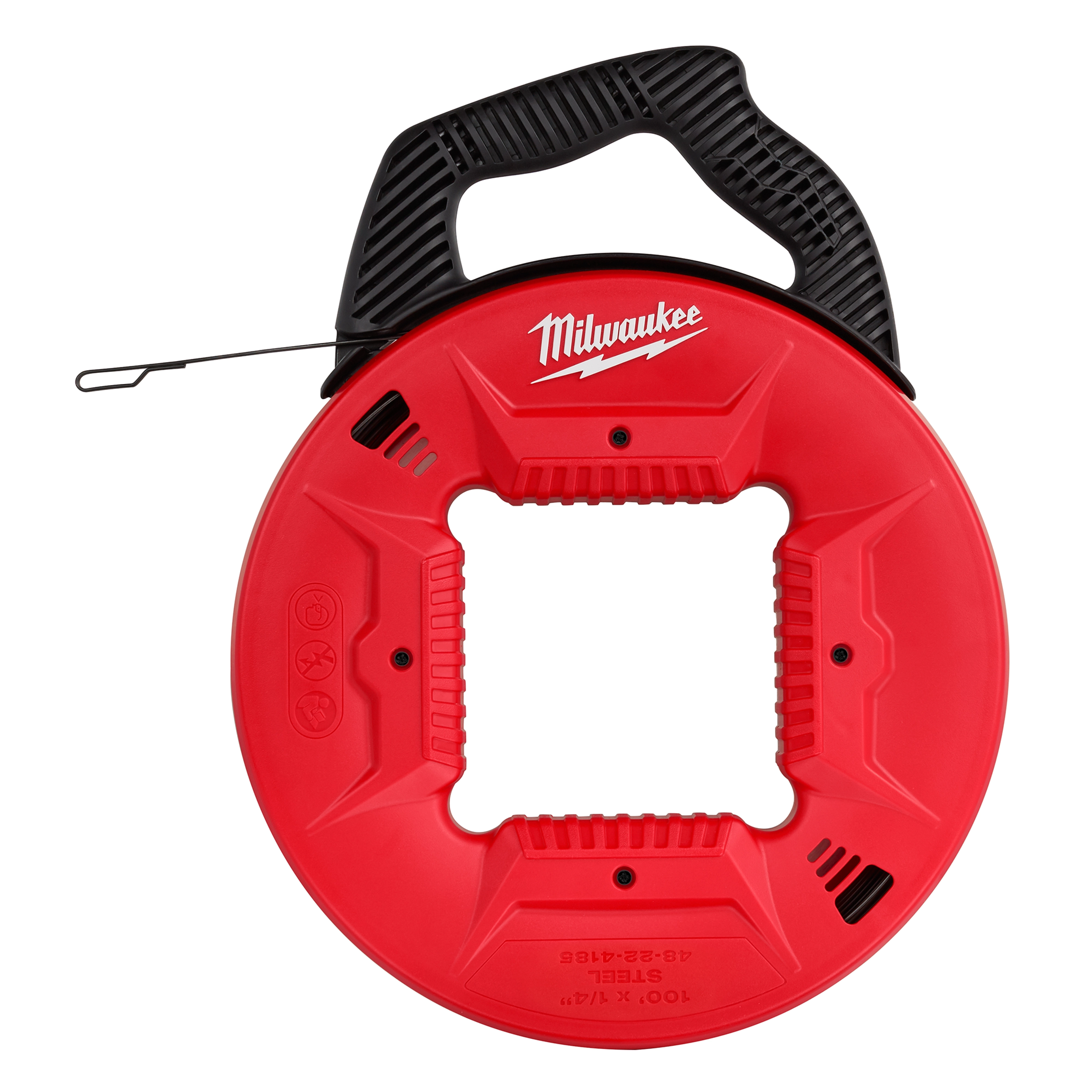 Red and black 1/4" 100' steel fish tape with ergonomic handle and gripping points for electrical wire pulling. Brand logo on top.
