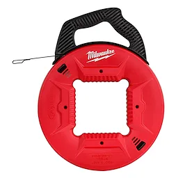 Red and black 1/4" 100' steel fish tape with ergonomic handle and gripping points for electrical wire pulling. Brand logo on top.