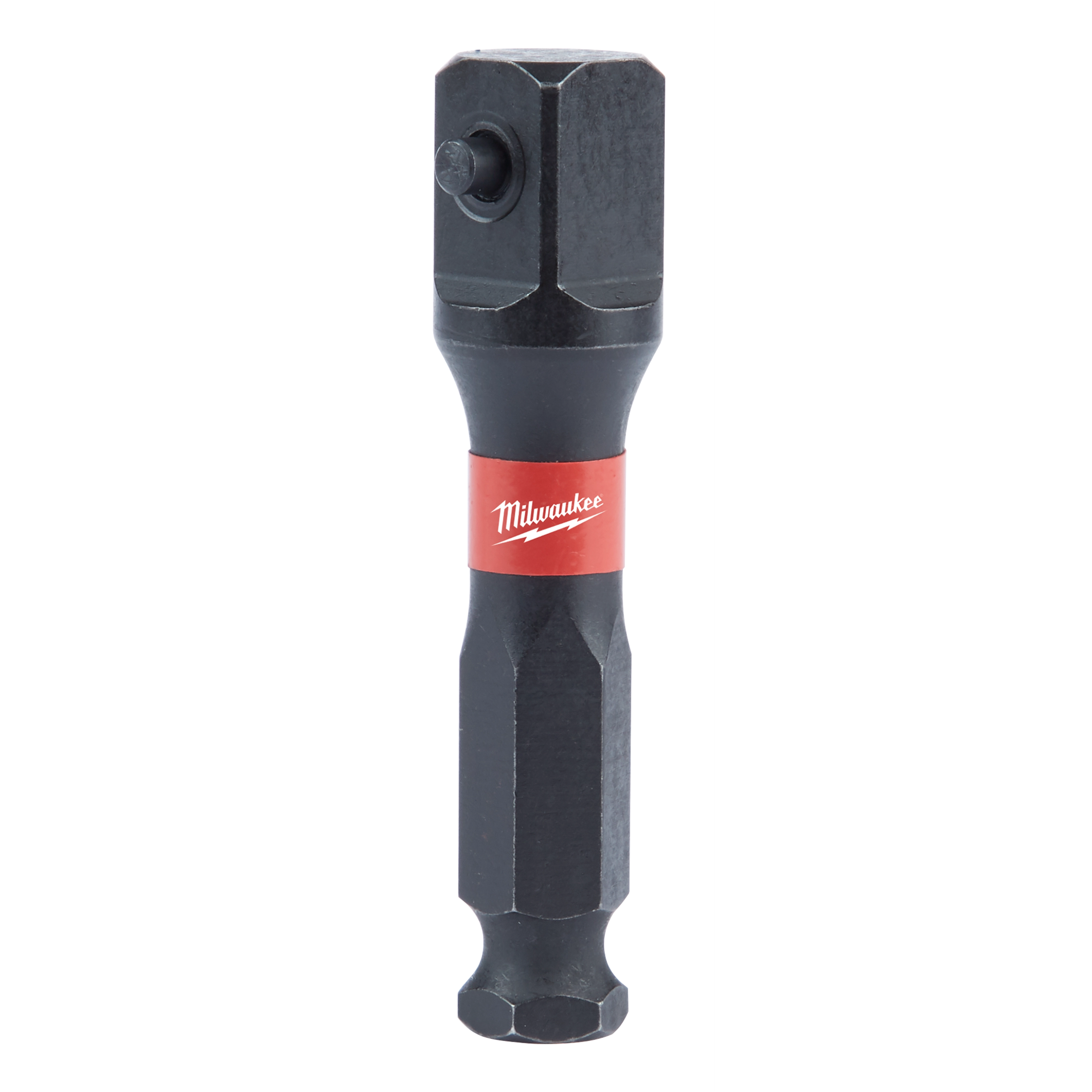 Shockwave™ Lineman’s 7/16” Hex to ½” Square Impact Socket Adapter features a robust black body with a red band. The adapter has a square socket end and a hex drive end.