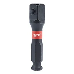 Shockwave™ Lineman’s 7/16” Hex to ½” Square Impact Socket Adapter features a robust black body with a red band. The adapter has a square socket end and a hex drive end.
