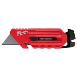 Red, ergonomic Multi-function Compact Utility Knife with a retractable blade and black slider mechanism. The knife includes a bottle opener, wire stripper, and features a distinct logo on its handle.