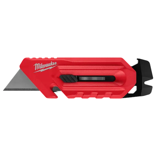 Red, ergonomic Multi-function Compact Utility Knife with a retractable blade and black slider mechanism. The knife includes a bottle opener, wire stripper, and features a distinct logo on its handle.