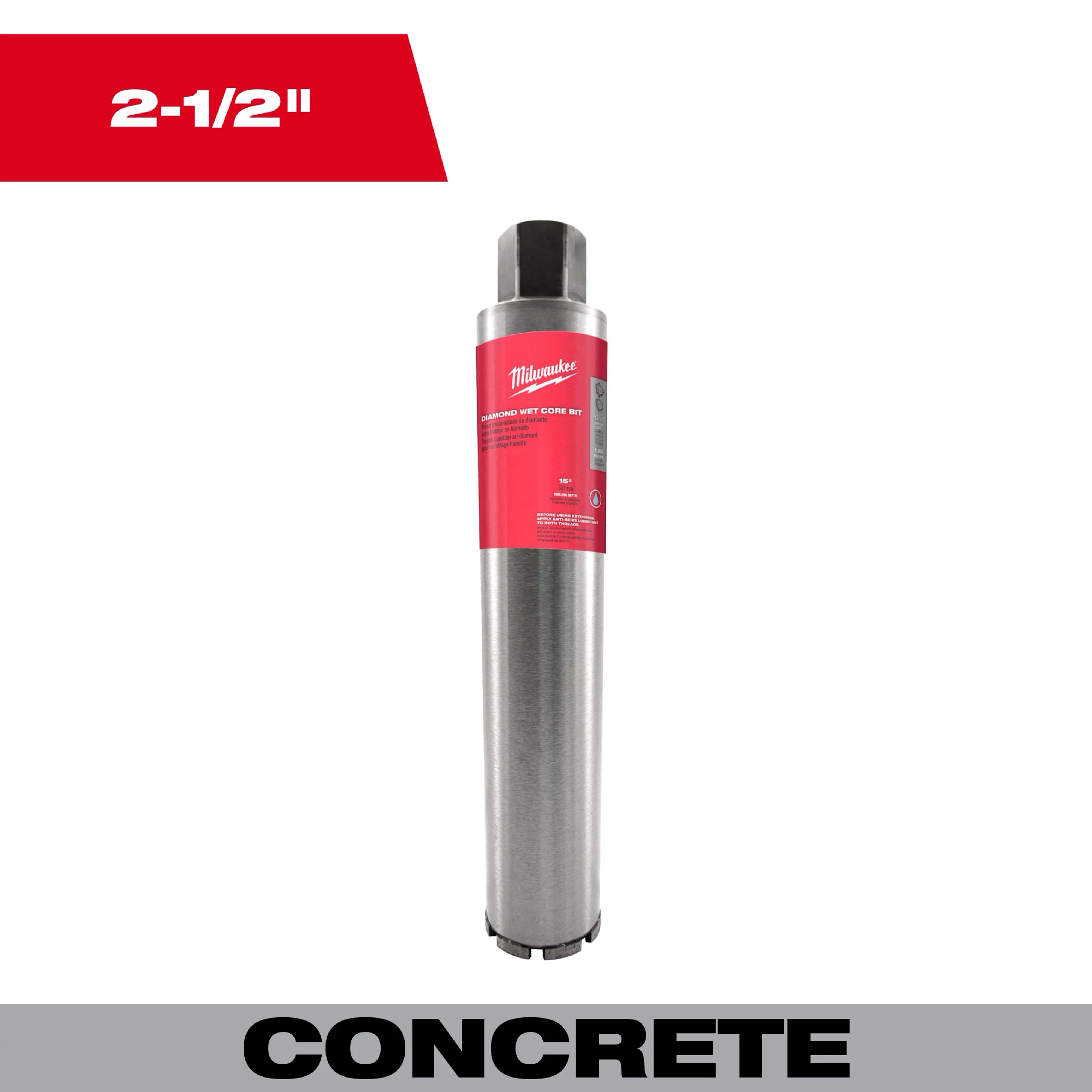 2-1/2" Diamond Wet Core Bit, designed for drilling into concrete. The cylindrical bit is silver with a red label.