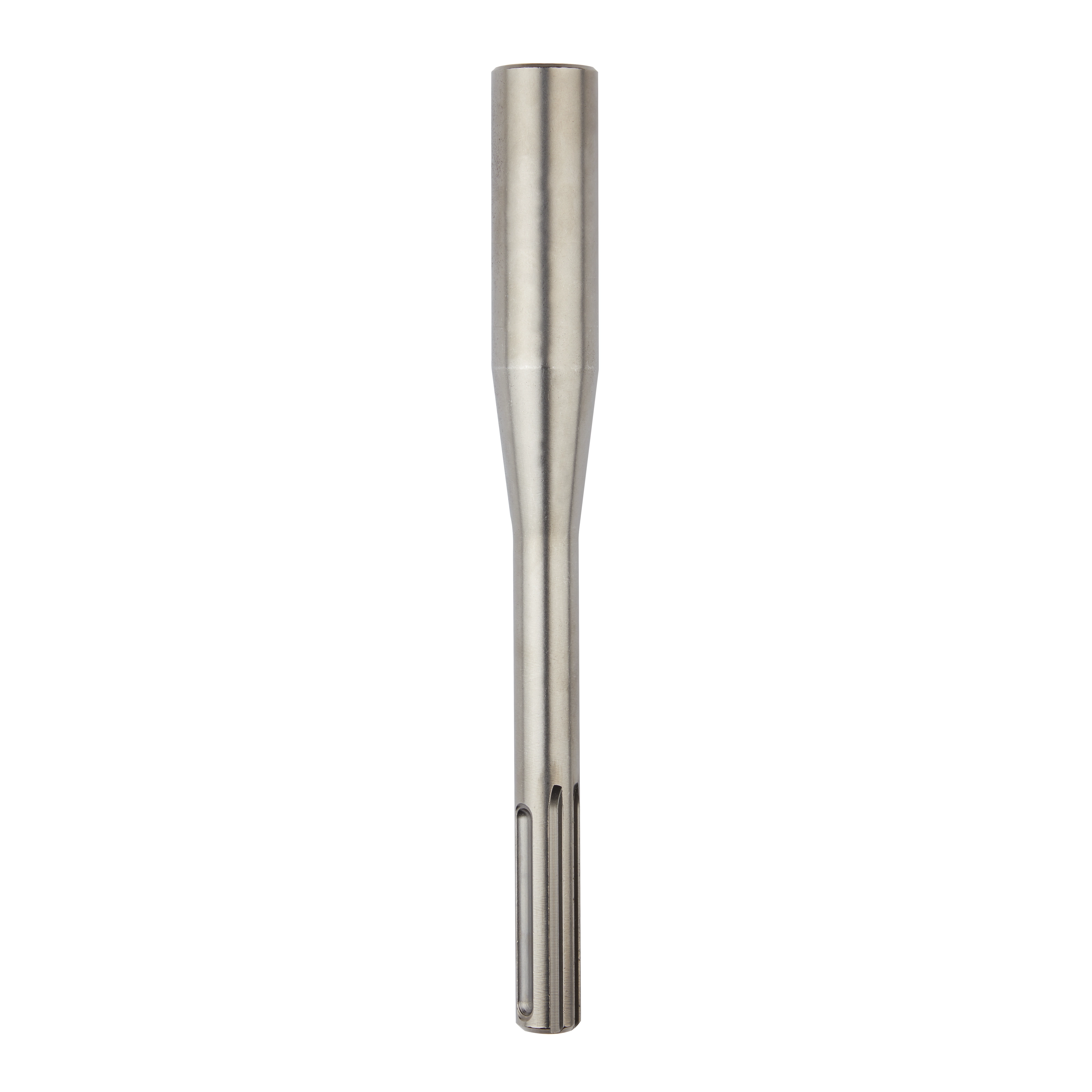 SDS-MAX 5/8” Ground Rod Driver is a silver, cylindrical tool attachment designed for driving ground rods.