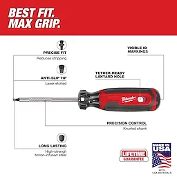 The %231 Square 3" Cushion Grip Screwdriver (USA) features a laser-etched anti-slip tip, visible ID markings, and a high-strength boron-infused steel for durability. Includes a tether-ready lanyard hole and knurled shank for precision control. Made in the USA with a lifetime guarantee.