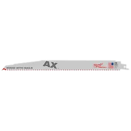 The 12" 5 TPI The Ax™ Sawzall® Blade (5 pk) is designed for cutting wood with nails. The blade is silver with red accents, including its jagged teeth. "AX" and "WOOD WITH NAILS" are printed on the left. The manufacturer's logo is visible near the blade’s attachment end.