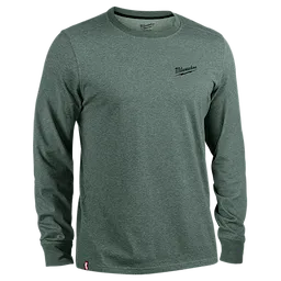 The FREEFLEX™ Hybrid Work Tee - Long Sleeve is a dark gray, crew-neck shirt. It features the Milwaukee logo on the left chest and is designed for durability and flexibility. The shirt has a standard fit with long sleeves and a slightly textured fabric.
