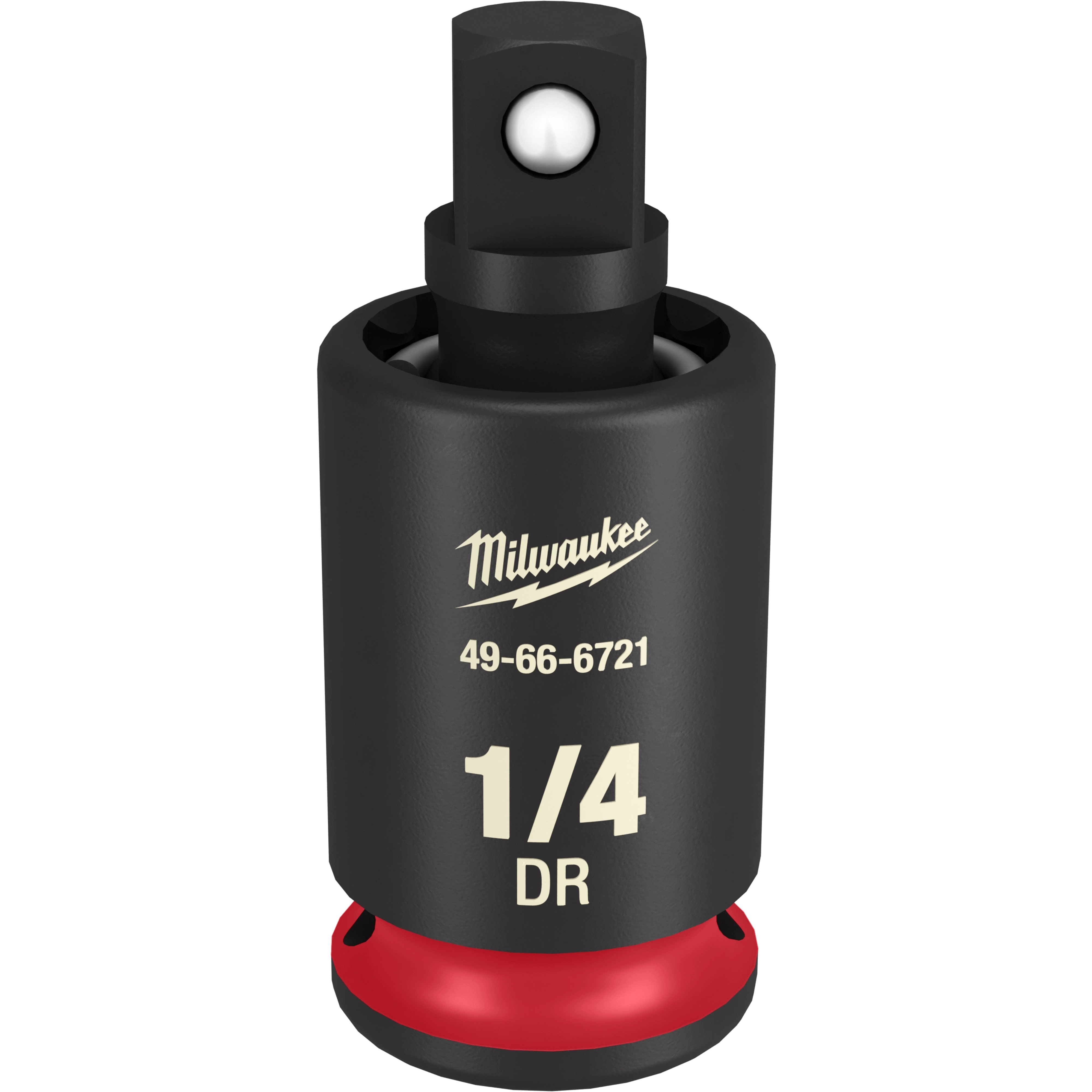 The 1/4" Impact Universal Joint by Milwaukee is a black, cylindrical tool attachment with a red base. It features the model number 49-66-6721 and "1/4 DR" printed on it.