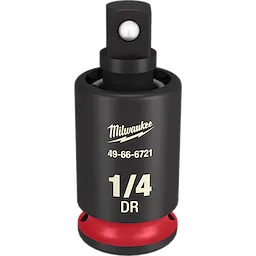 The 1/4" Impact Universal Joint by Milwaukee is a black, cylindrical tool attachment with a red base. It features the model number 49-66-6721 and "1/4 DR" printed on it.