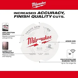Milwaukee 48-40-0670 Fiber Cement Track Saw Blade features anti-friction coating, laser cut technology, and polycrystalline diamond teeth.