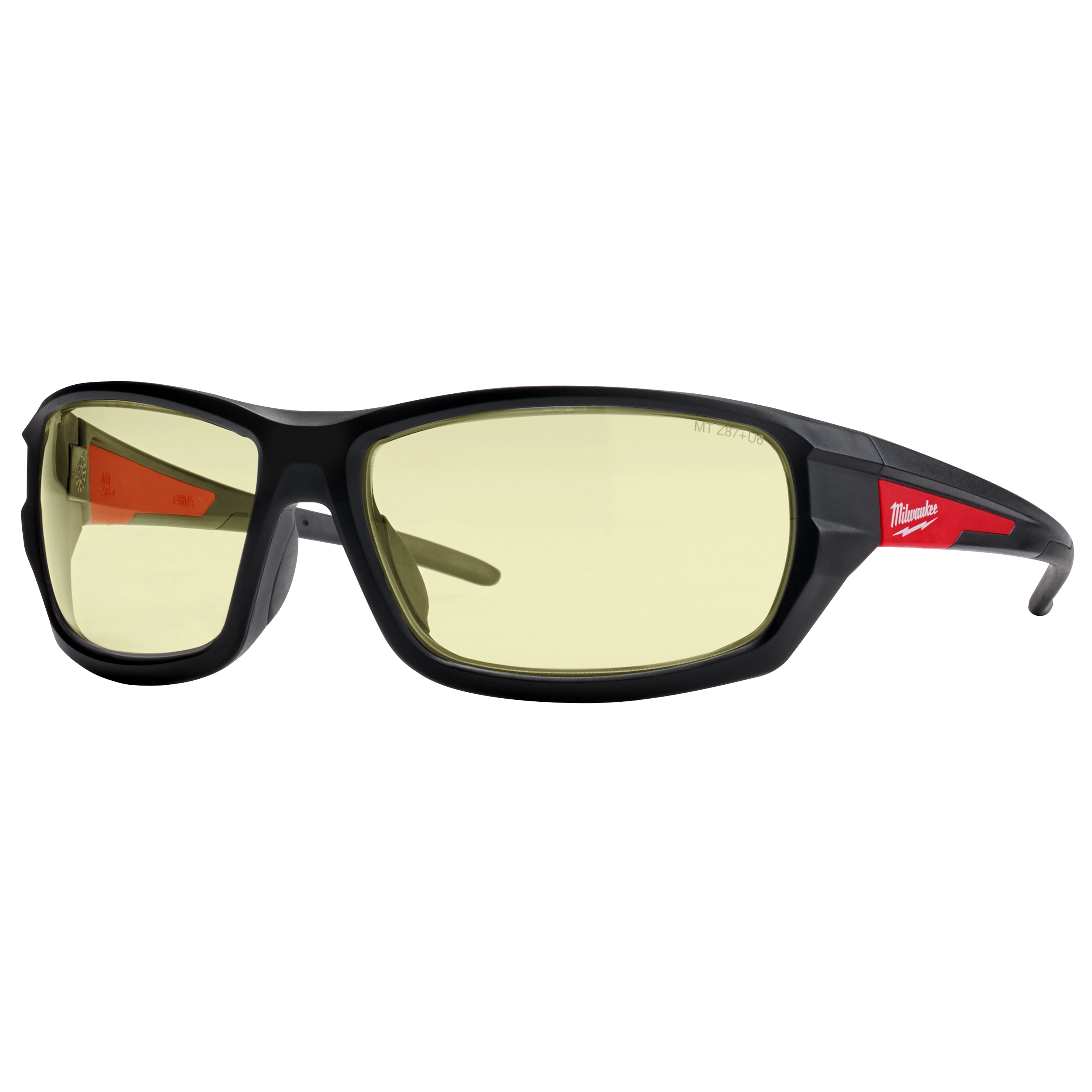 Performance Safety Glasses feature yellow fog-free lenses and a black frame with red accents, designed for clear vision and protection.