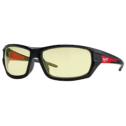 Performance Safety Glasses feature yellow fog-free lenses and a black frame with red accents, designed for clear vision and protection.
