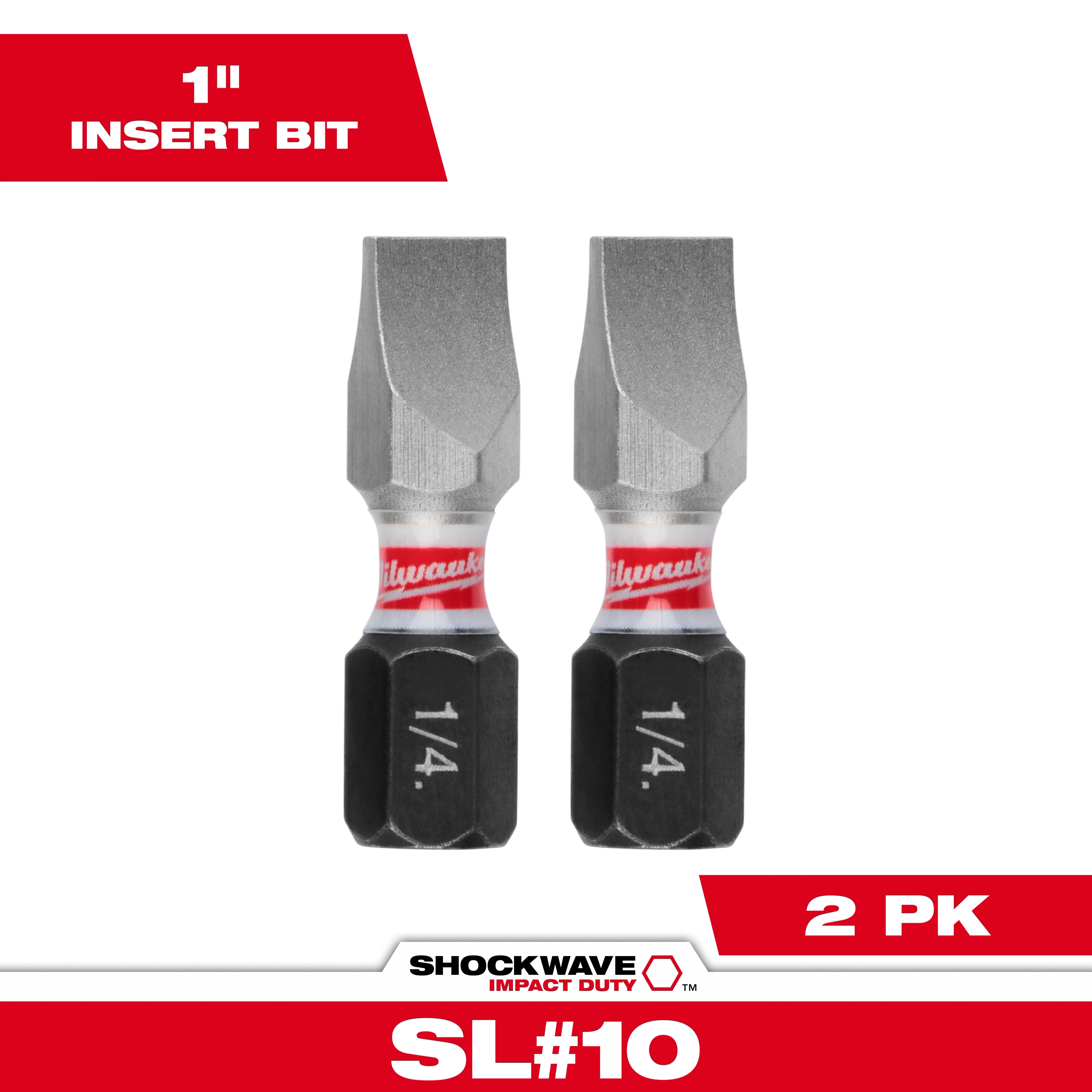 The image shows two SHOCKWAVE™ 1" Impact Duty Slotted 1/4" Insert Bits (2 PK) against a white background. The bits are metallic with a black hexagonal base labeled "1/4" and feature a red band with white text near the center.