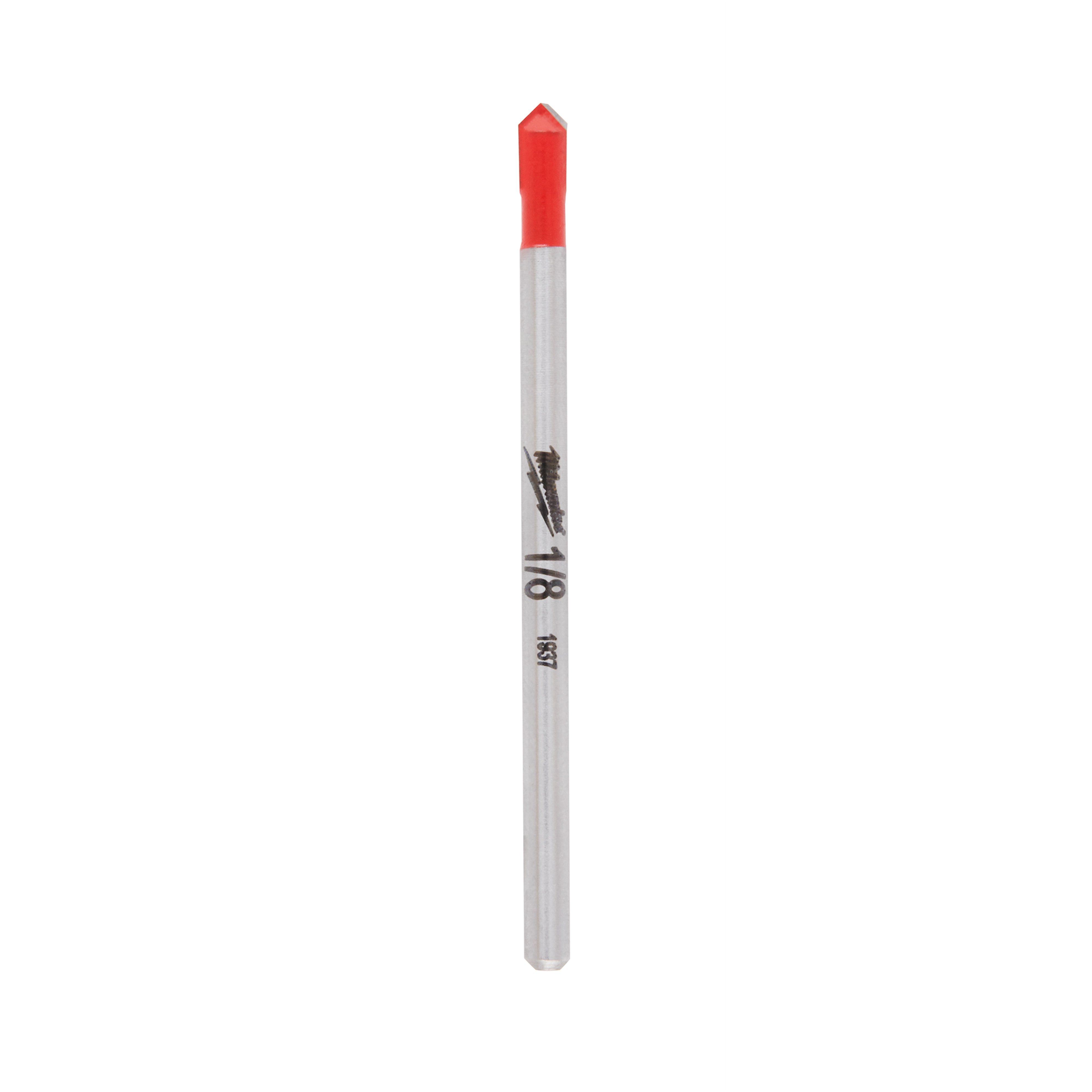 1/8" Glass and Tile Bit. Steel bit with a red-tipped cutting head. Designed for precise drilling through glass and tile surfaces.