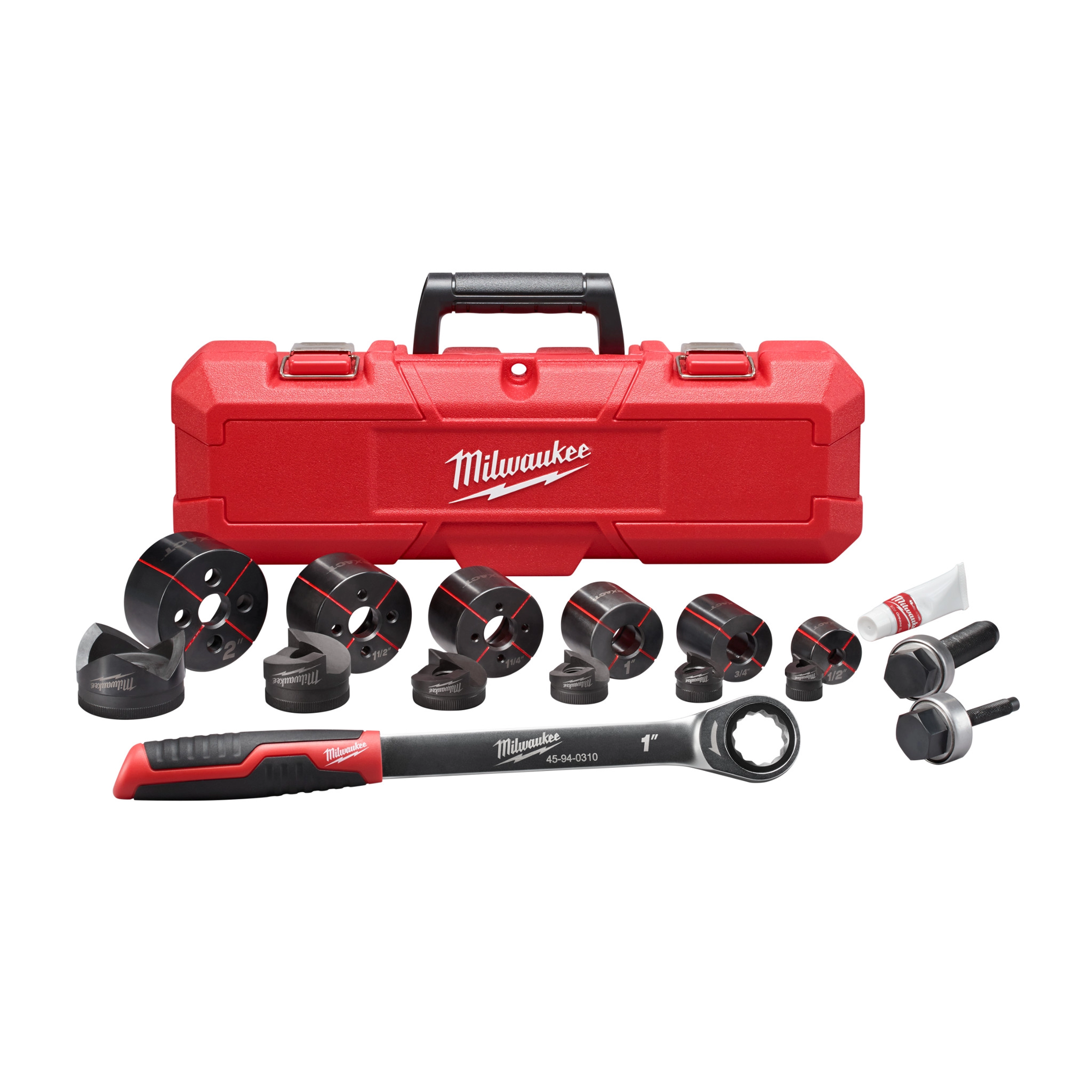Milwaukee EXACT™ 1/2" to 2" Hand Ratchet Knockout, model 49-16-2694, includes a red carrying case, multiple knockout dies, hand ratchet, and lubricant tube. The kit is designed for precise metal hole cutting in electrical installation tasks. Component sizes vary from 1/2" to 2".