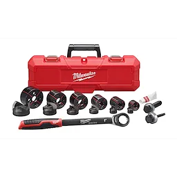 Milwaukee EXACT™ 1/2" to 2" Hand Ratchet Knockout, model 49-16-2694, includes a red carrying case, multiple knockout dies, hand ratchet, and lubricant tube. The kit is designed for precise metal hole cutting in electrical installation tasks. Component sizes vary from 1/2" to 2".