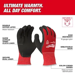 Cut Level 1 Winter Dipped Gloves with black palms and red backs displayed against a red and white text background.