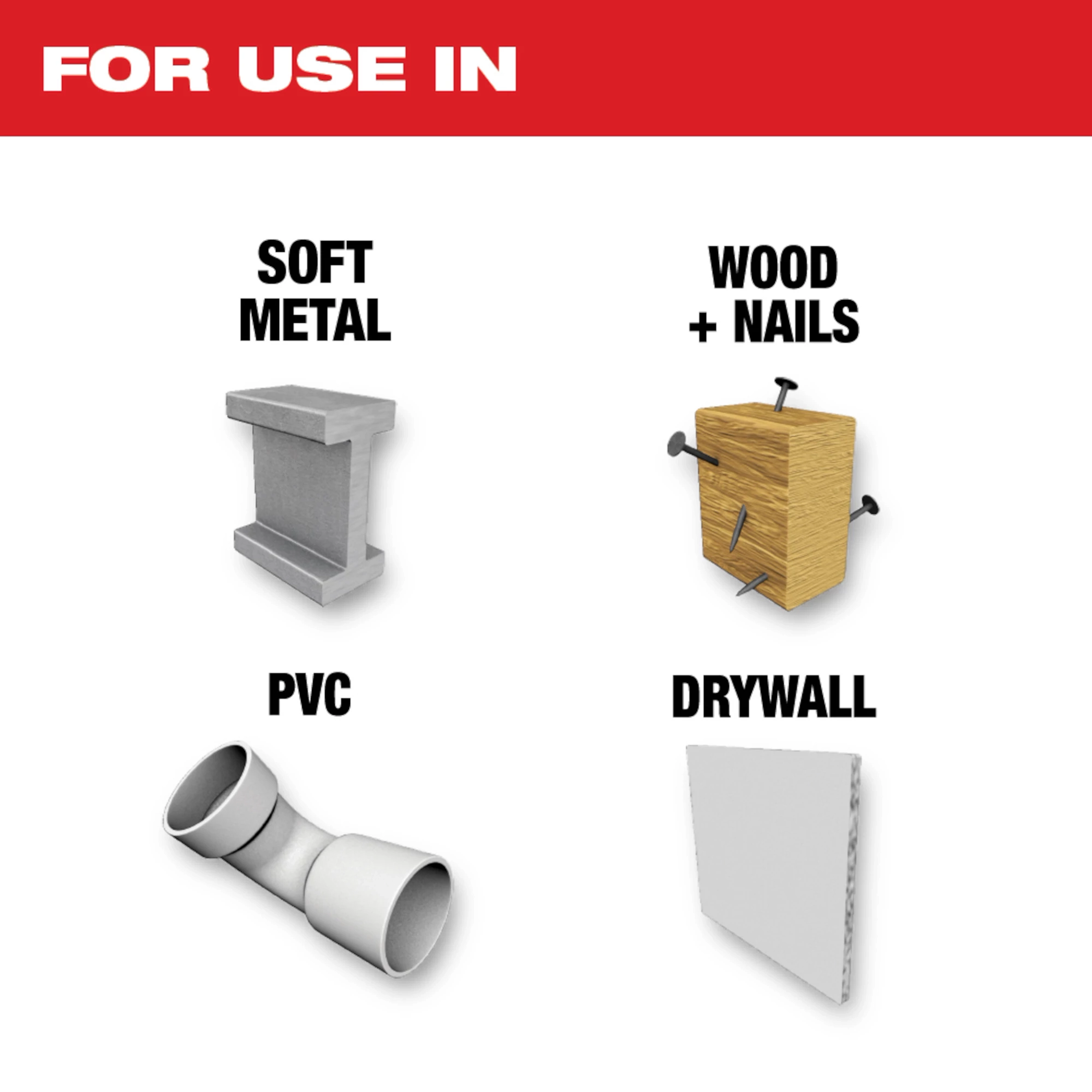 Bi-Metal Titanium Enhanced Metal Blades are suitable for cutting soft metal, wood with nails, PVC pipes, and drywall.