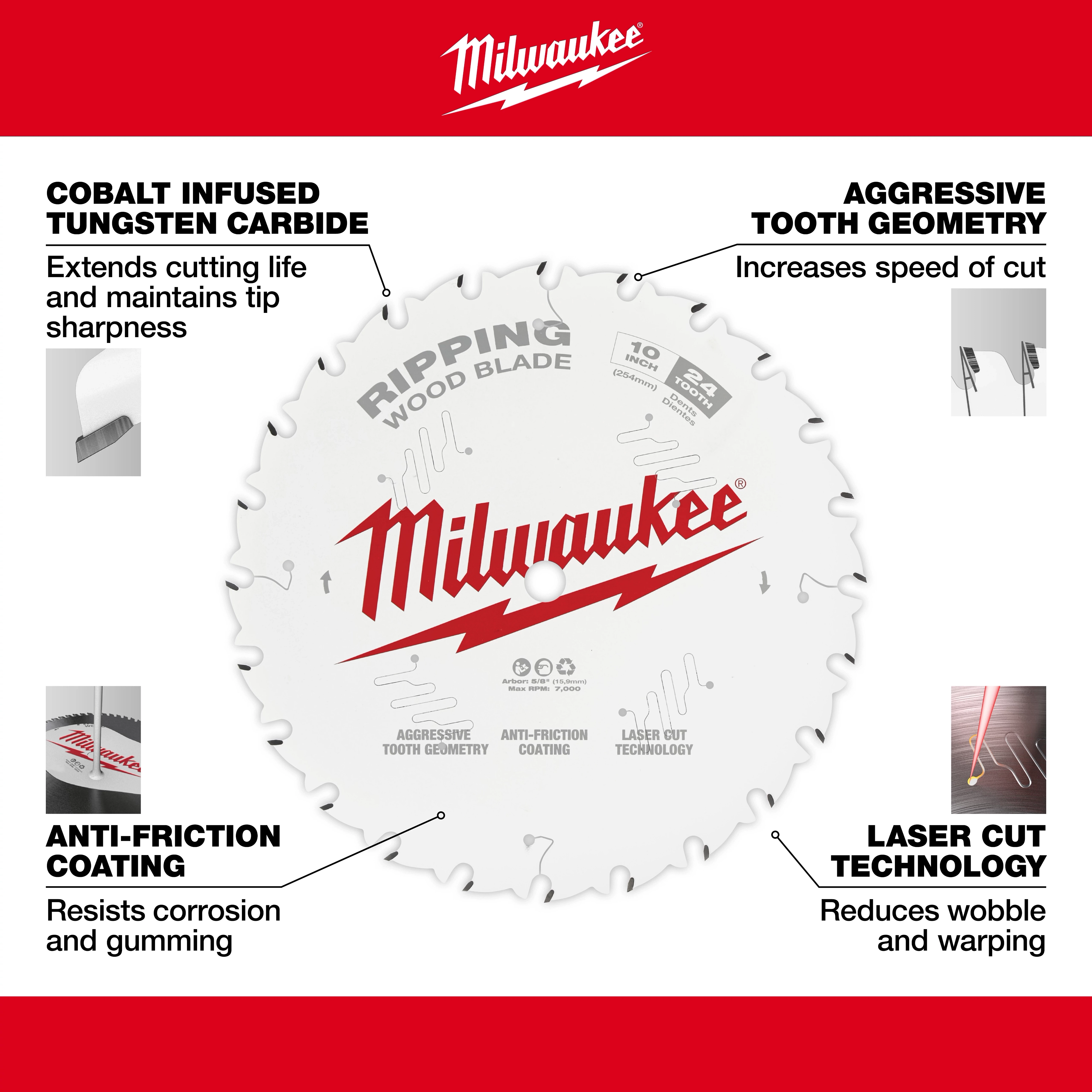 Milwaukee 48-40-1020 Walkaround Ripping Wood Blade with cobalt-infused tungsten carbide, aggressive tooth geometry, anti-friction coating, and laser cut technology.