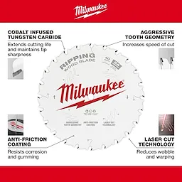Milwaukee 48-40-1020 Walkaround Ripping Wood Blade with cobalt-infused tungsten carbide, aggressive tooth geometry, anti-friction coating, and laser cut technology.
