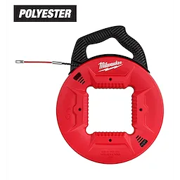 Milwaukee polyester fish tape with a flexible leader in a red and black case. The label indicates the product is made of 200% polyester.