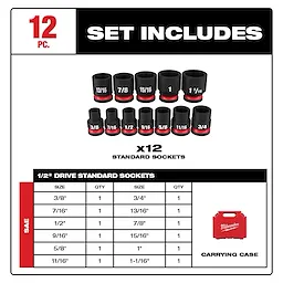 12PC SHOCKWAVE Impact Duty(TM) 1/2" Drive SAE Standard 6 Point Socket Set
