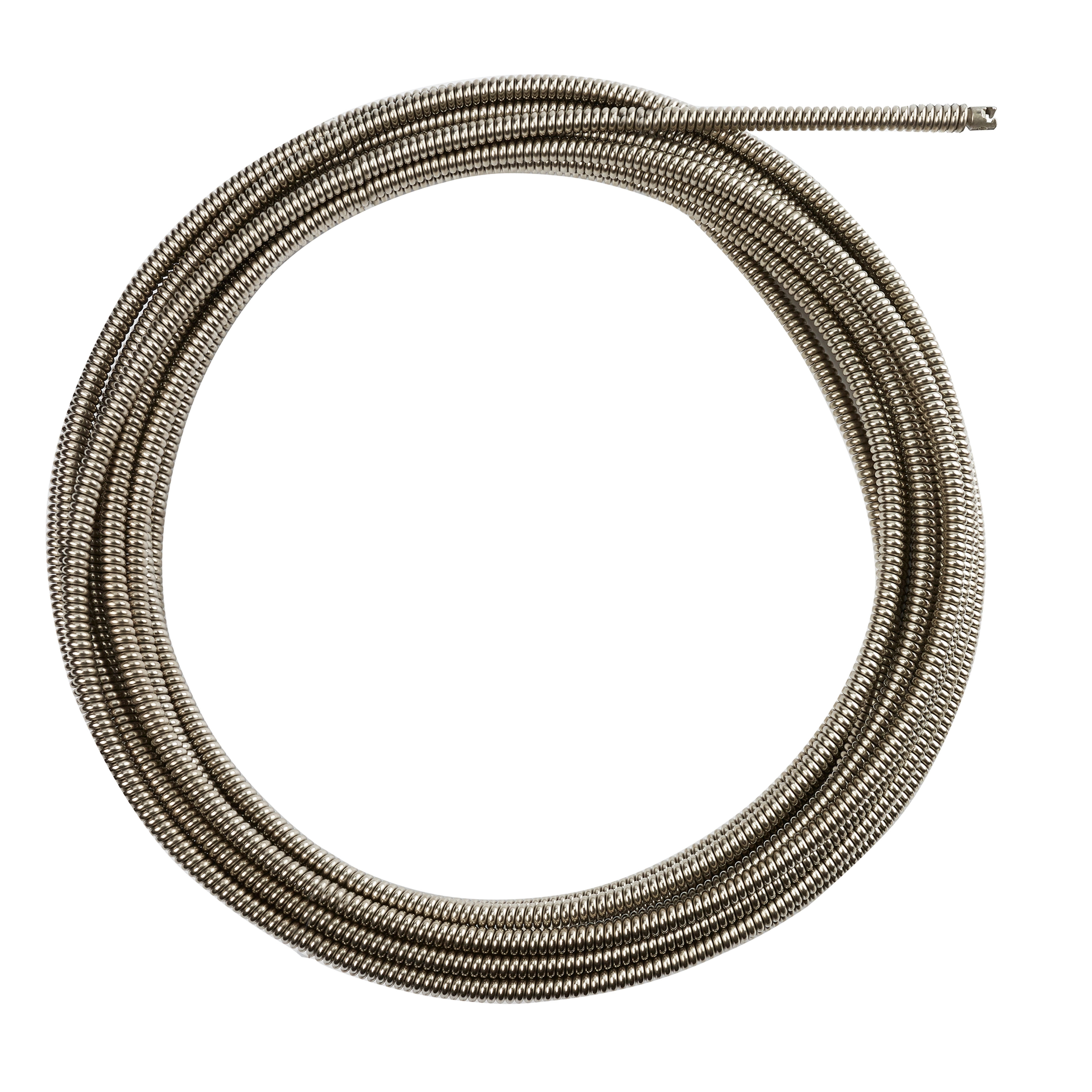 A coiled steel 5/8" x 50' cable designed for plumbing use. The cable is metallic and tightly wound, suitable for clearing drains and pipes.