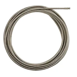 A coiled steel 5/8" x 50' cable designed for plumbing use. The cable is metallic and tightly wound, suitable for clearing drains and pipes.