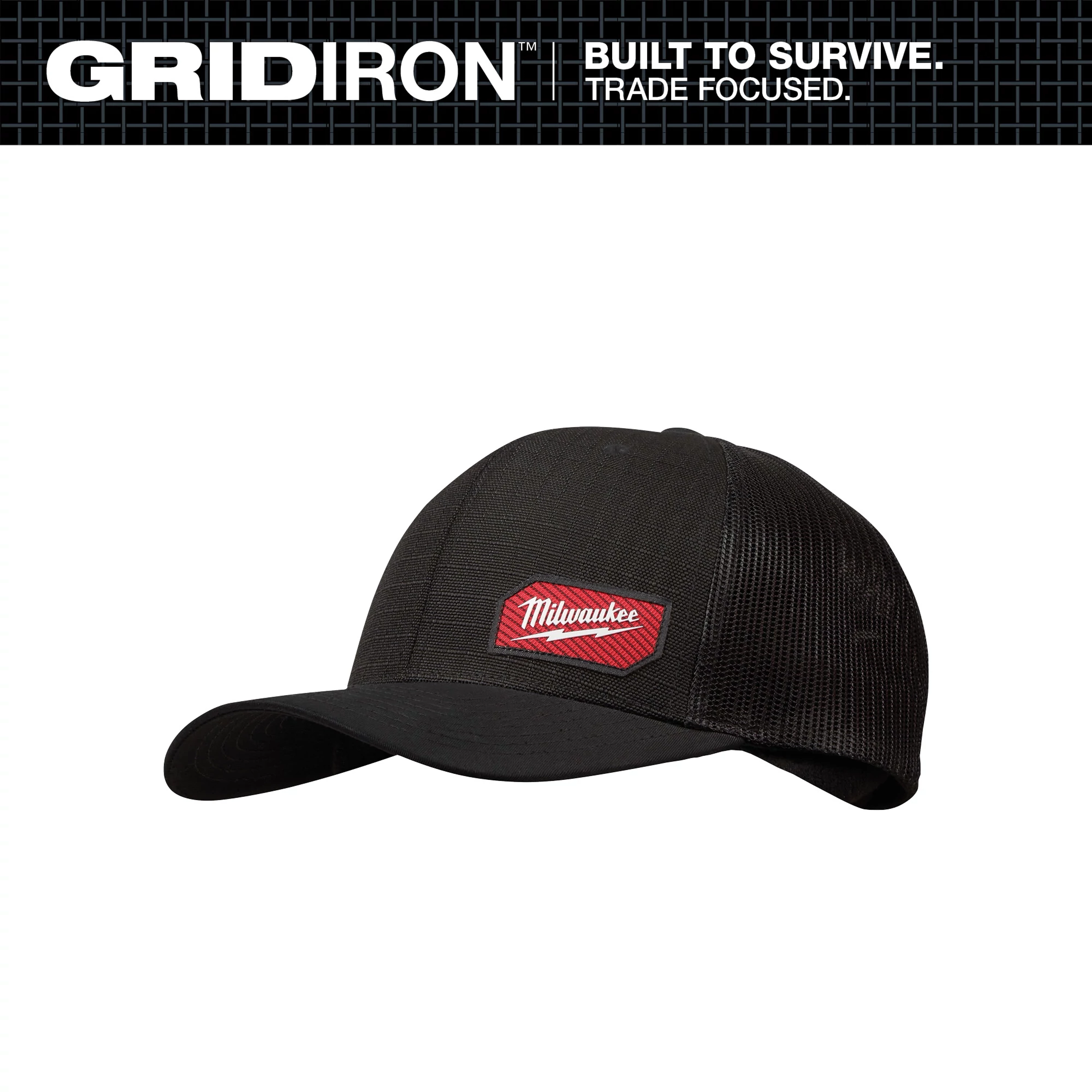 Black GRIDIRON Snapback Trucker Hat with a red logo patch on the front features mesh back panels for breathability.