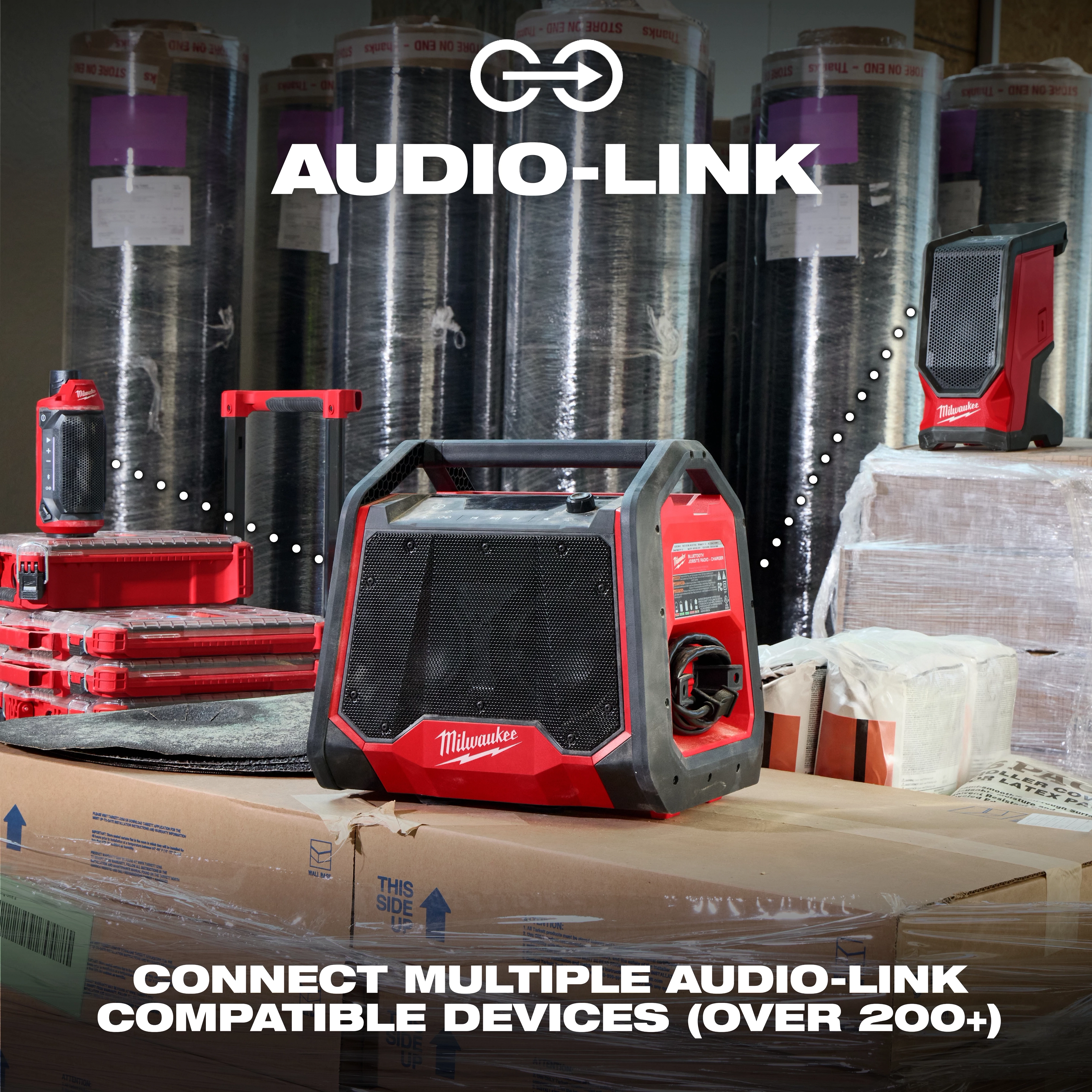 M18 BLUETOOTH JOBSITE RADIO + CHARGER is displayed in a workshop setting. A graphic indicates it connects with over 200 compatible Audio-Link devices for seamless audio integration.