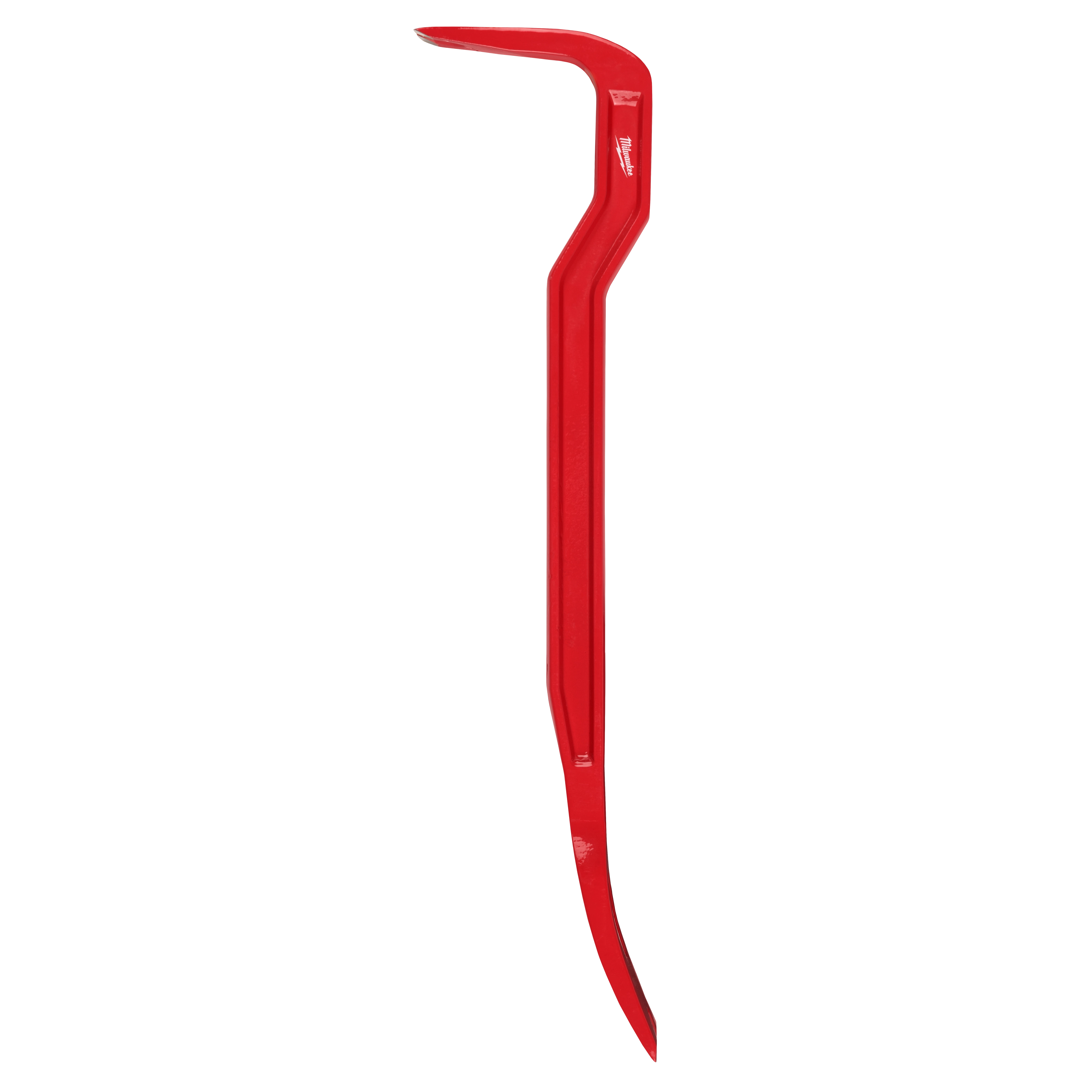 Red 18" Wrecking Bar with a flat end for prying and a curved end for pulling nails. Made by Milwaukee, features a durable design suitable for demolition work.