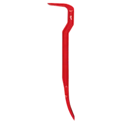Red 18" Wrecking Bar with a flat end for prying and a curved end for pulling nails. Made by Milwaukee, features a durable design suitable for demolition work.